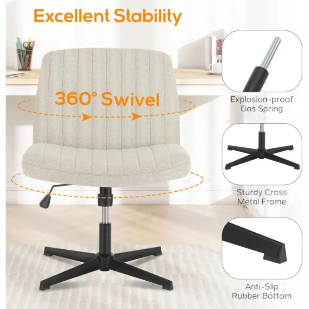 クロスチェアレッグオフィスワイド快適デスクシート、ホイールなしアームレスコンピュータタスクシート、回転式バニティホーム高さ調節可能