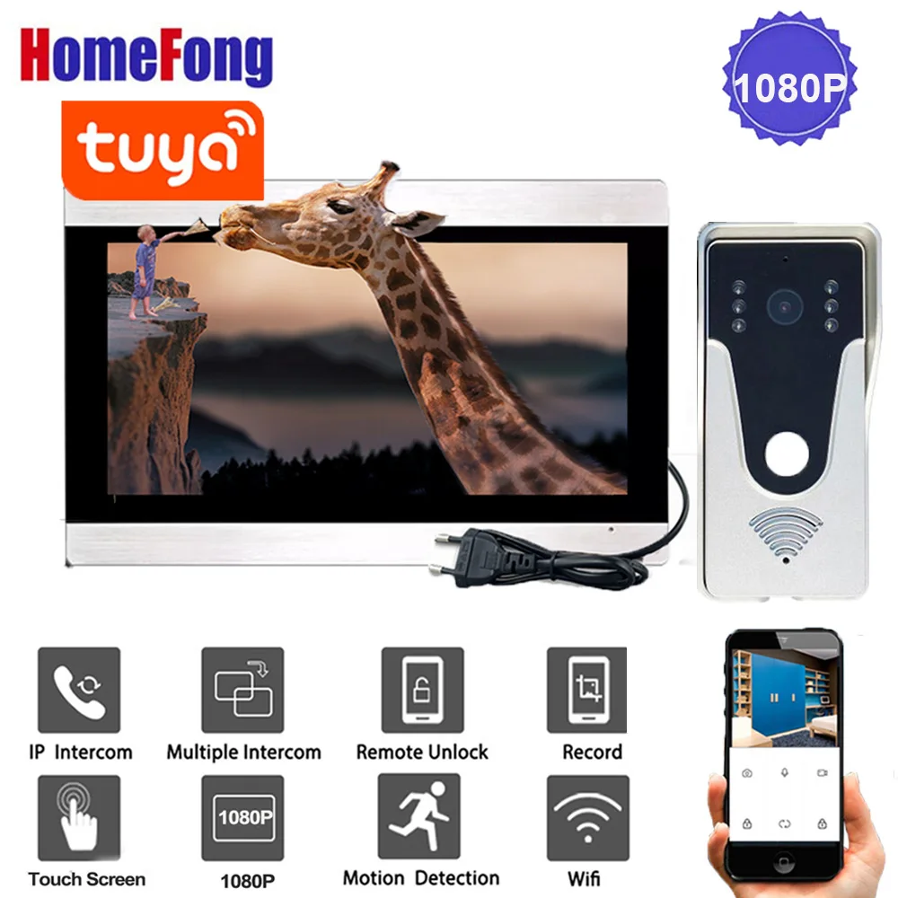 Homefong kamera telepon pintu Wifi nirkabel, interkom Video 1080p dengan Monitor layar sentuh deteksi gerakan beberapa sistem Tuya