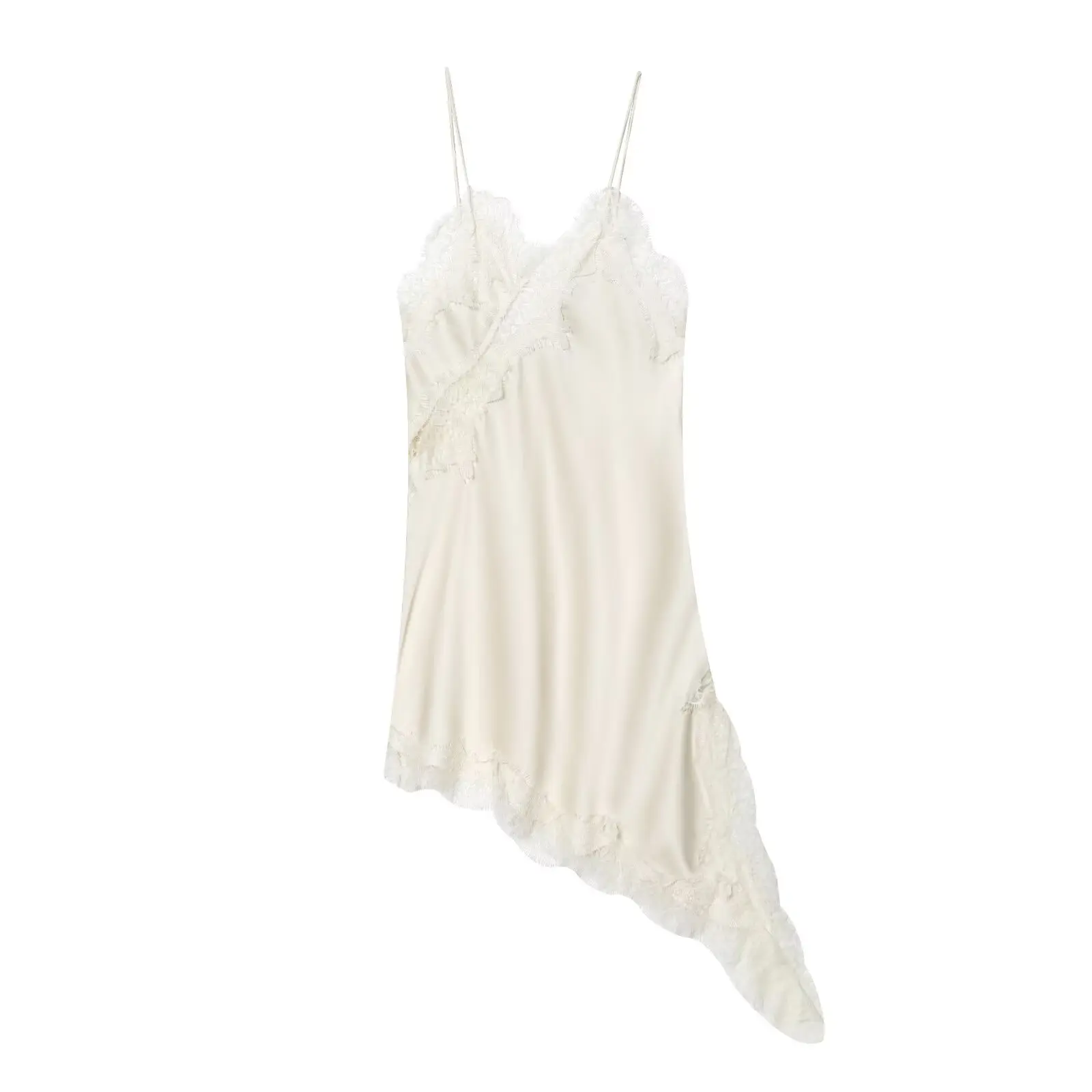 ブラウンサテンレーススプライシングスリングドレス女性エレガントな不規則な裾 V ネックバックレスノースリーブガウンシックな女性パーティークラブ Vestidos