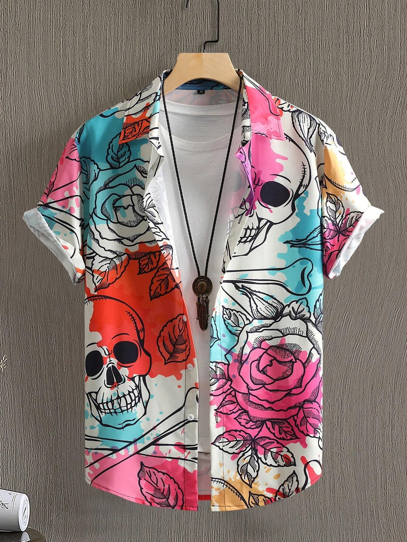 Men Women Skull Pattern Print Shirts Casual Design Short Sleeve Fashion Button Tops