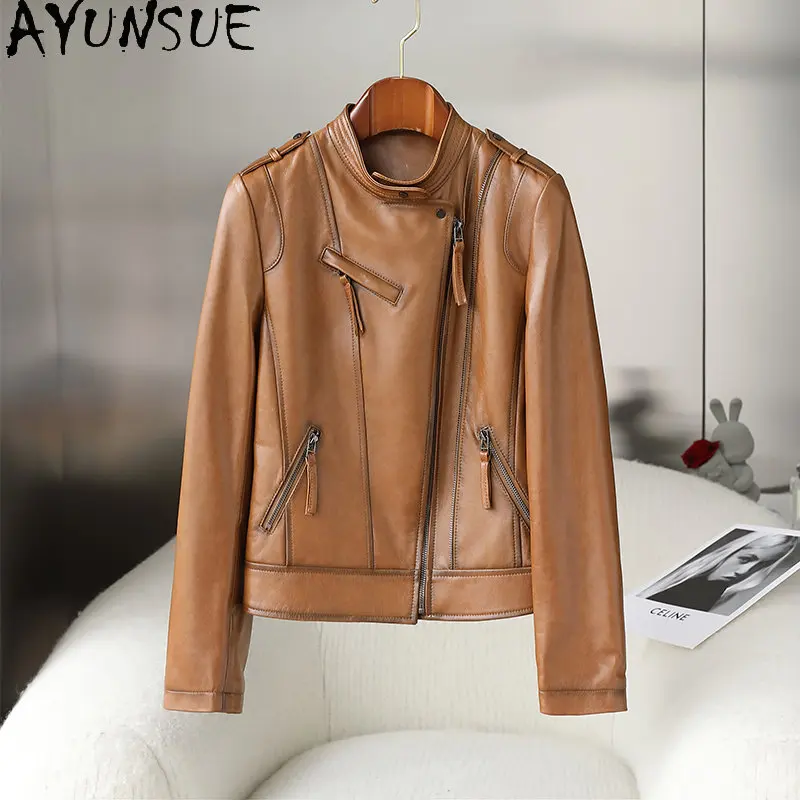 

AYUNSUE Genuine Sheepskin Jacket for Women 2023 Short Leather Jackets Stand Collar Real Leather Biker Coats Veste Femme En Cuir