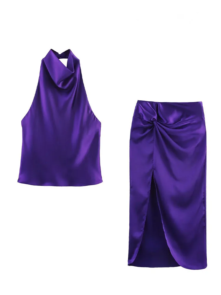 HH Women's Solid Set Fashion Hanging Neck Collar Sleeveless Satin Texture Top+Back Zipper Slit Knot Decorate Midi Skirt
