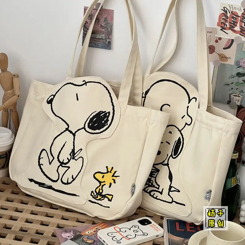 Snoopy Original Canvas Bag Shoulder Bag Cartoon Cute Zipper Large Capacity Female Student Tutoring Notebook Bag