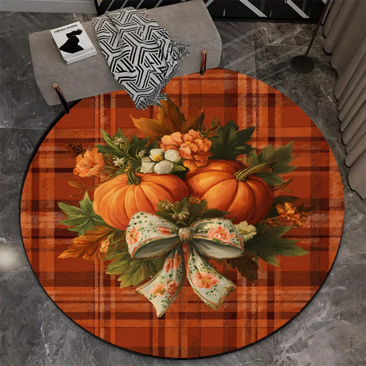 1pc Autumn Harvest Round Mat Plush Soft Floor Mat With Plaid Pumpkin Floral Design In Orange Brown Green Beige Non Slip Backing For Living Room Bedroom Entryway Fall Home Decor Thanksgiving Halloween Decoration Machine Washable Circular Mat Extra Large Fa