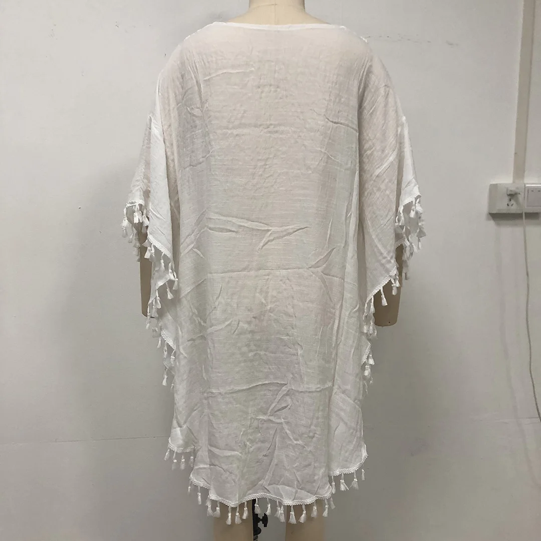 Neue Tunika mit Fransen, Quasten und Stickerei, halblange Ärmel, Strandkleid, langes Strandkleid, Strandmode, Damen, V5328 – Detail 30