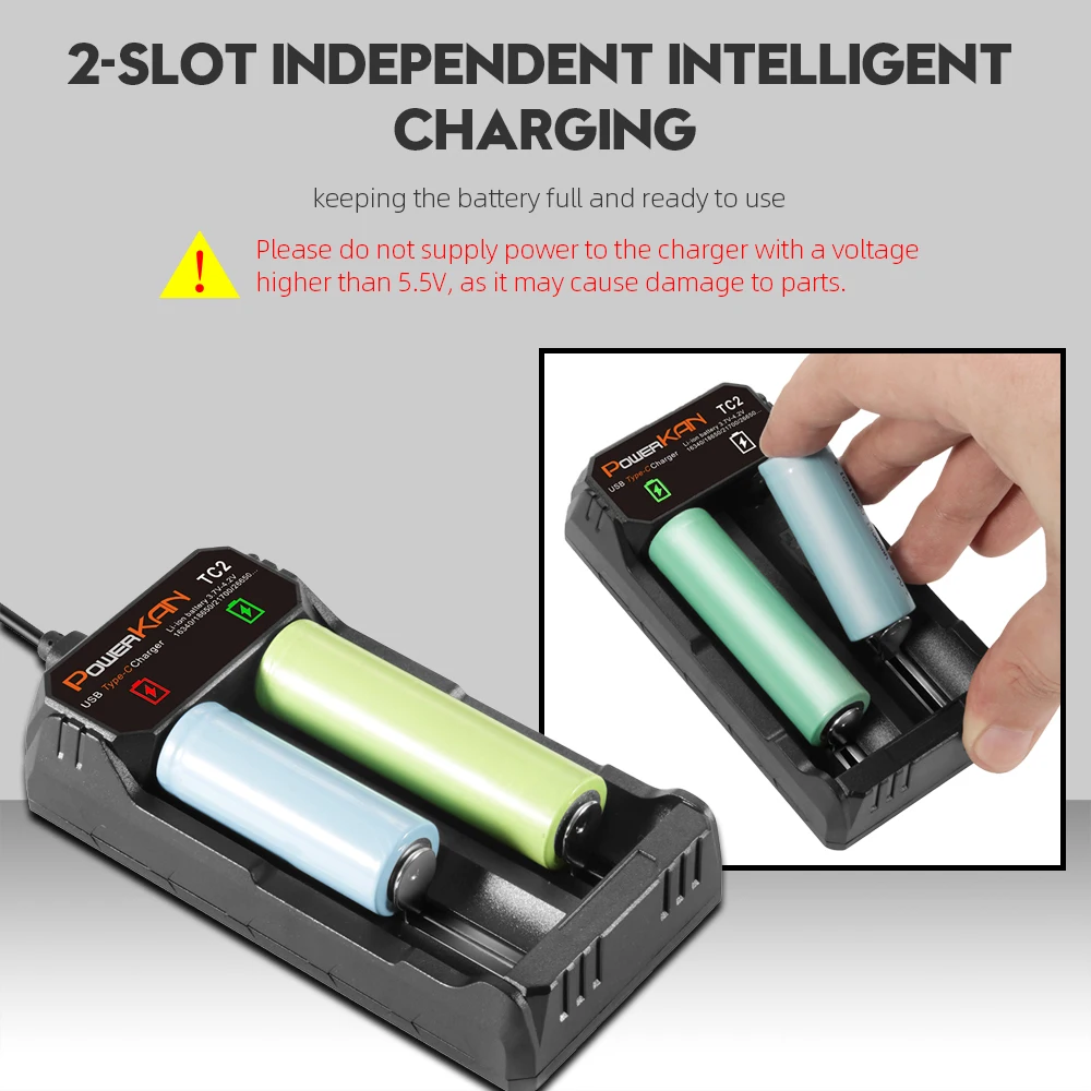 Powerkan TC2 Battery Charger 2 Slot 3.6V 3.7V Lithium 10400 14500 16340 18650 21700 26700 RCR Batteries Smart Type C Charing