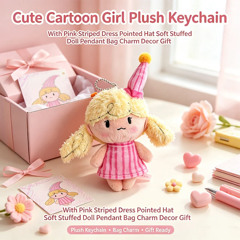Cute Cartoon Girl Plush Keychain With Pink Striped Dress Pointed Hat Soft Stuffed Doll Pendant Bag Charm Decor Gift