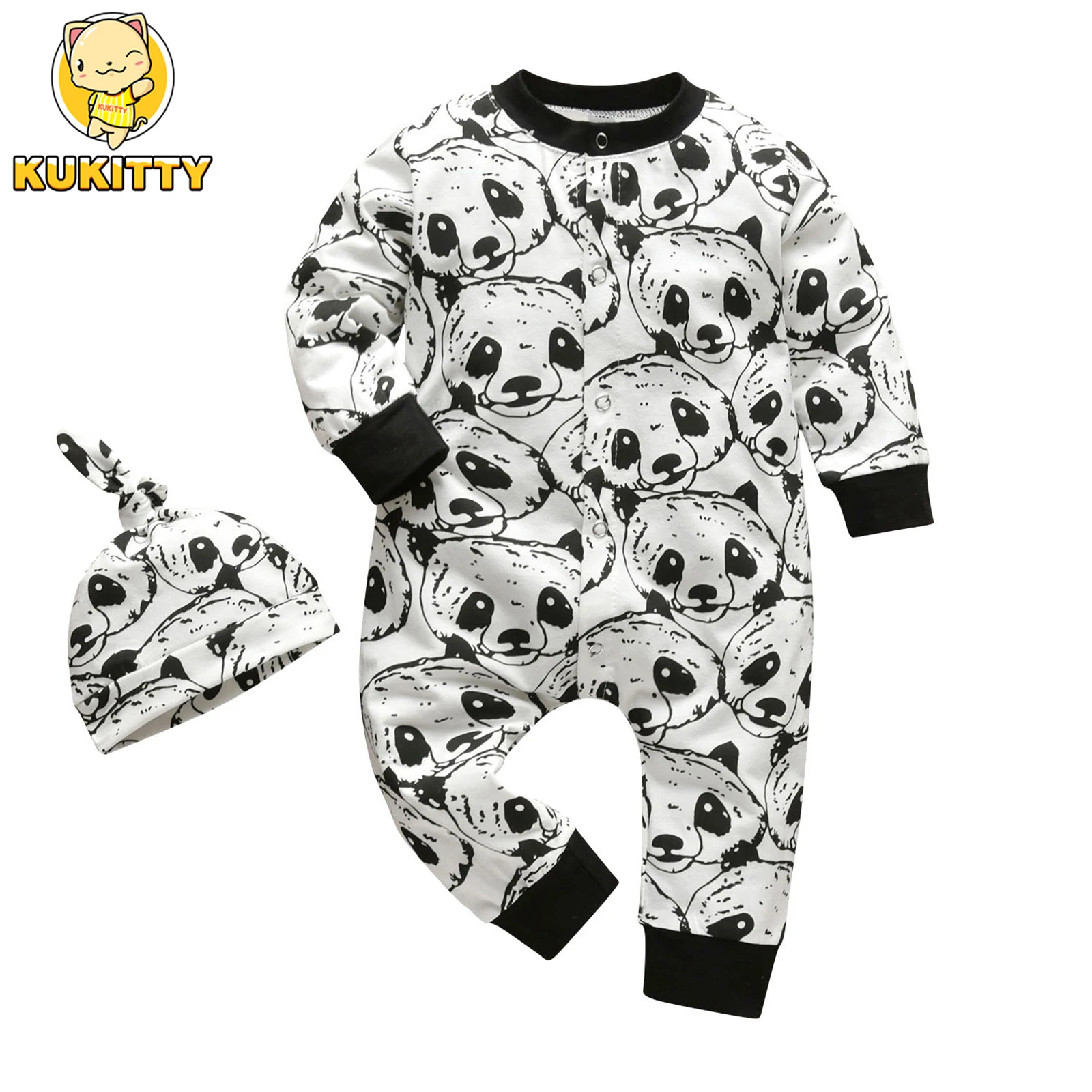 Kukitty neonato ragazzi Panda stampato manica lunga pagliaccetti tuta salopette con berretto bambino neonato ragazzi abbigliamento Casual