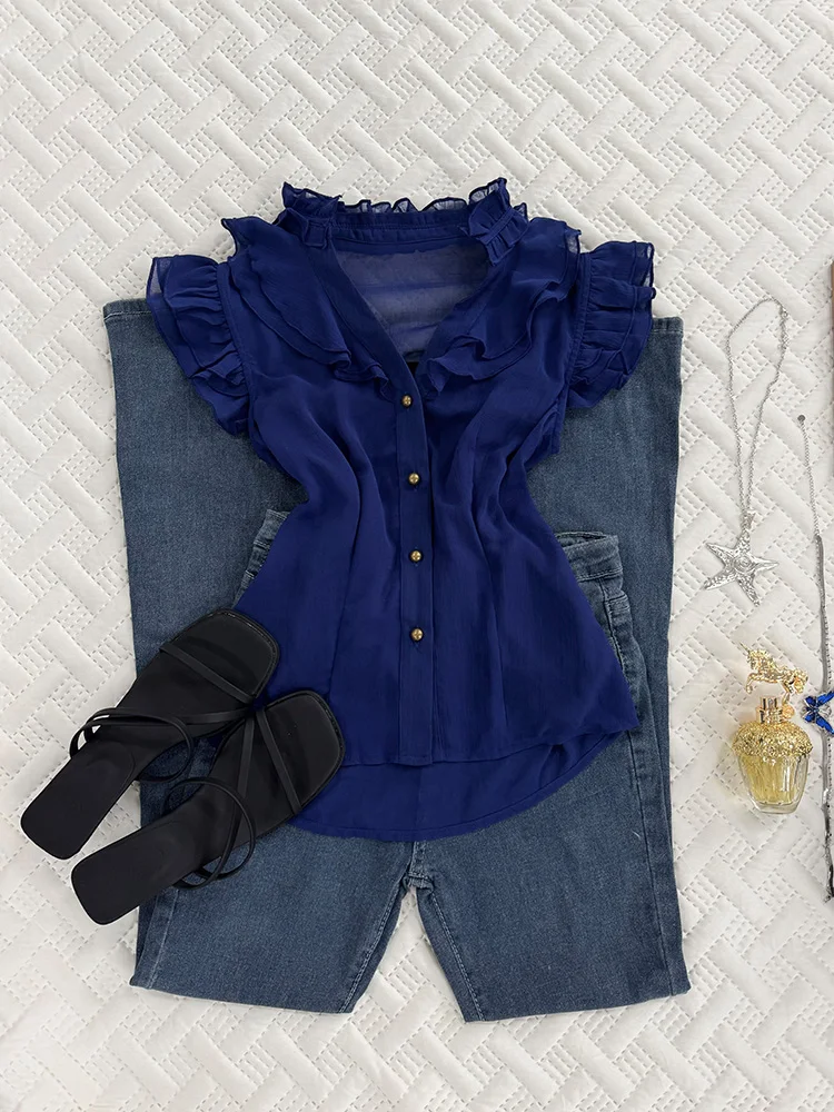 

Original Blue irt Women's Faionable Unique Sle Commute Korean Version Slim Fit Cotton Blend ort Sve V-Ne irt