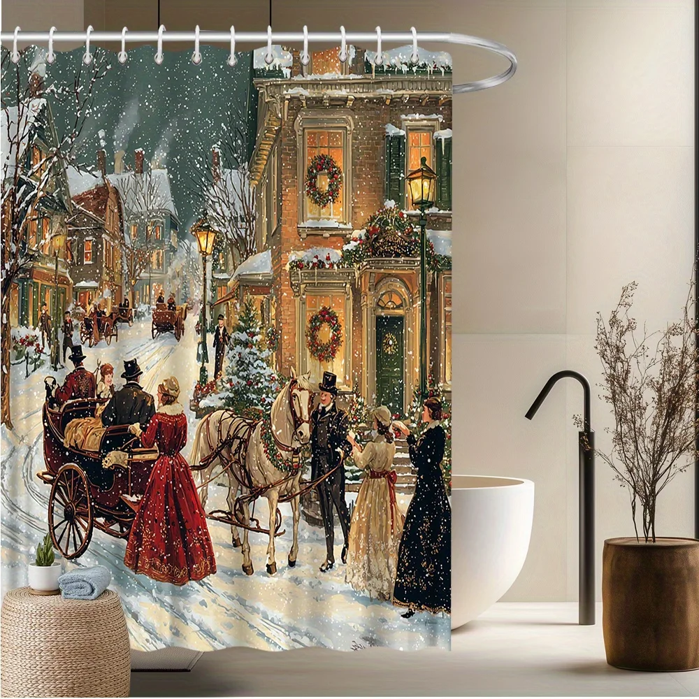 Christmas Shower Curtain Vintage Horse Carriage Snowy Street Waterproof Fabric Bathroom Decor Xmas Winter Bath Screen With Hooks