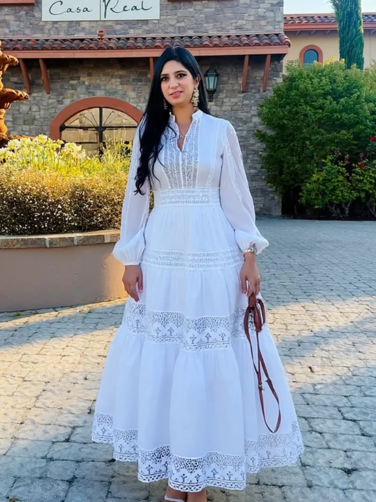 Chic Women's Embroidery Hollow Out Long Dresses Elegant Solid Long Sleeve  High Waist Patchwork Dress Lady 2025 Beach Party Robes - AliExpress