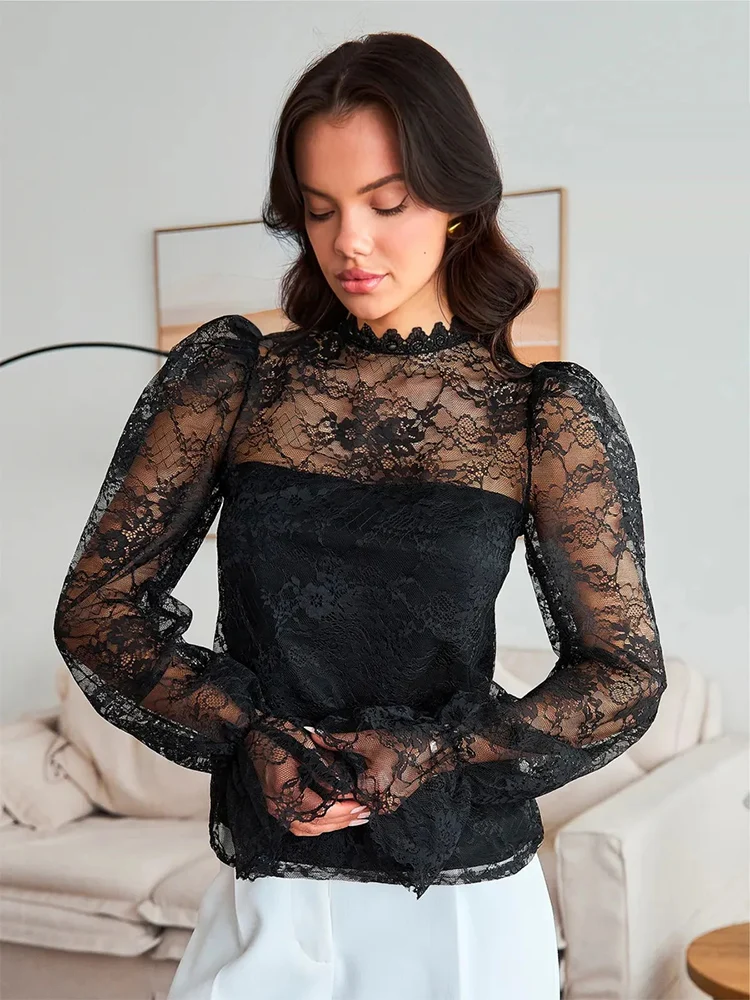 

Trendix Women's Lace Sheer Blouse High Neck Casual Loose Vintage Long Sleeve Pullover Tops 2026 Summer Party Sexy Elegant Shirts