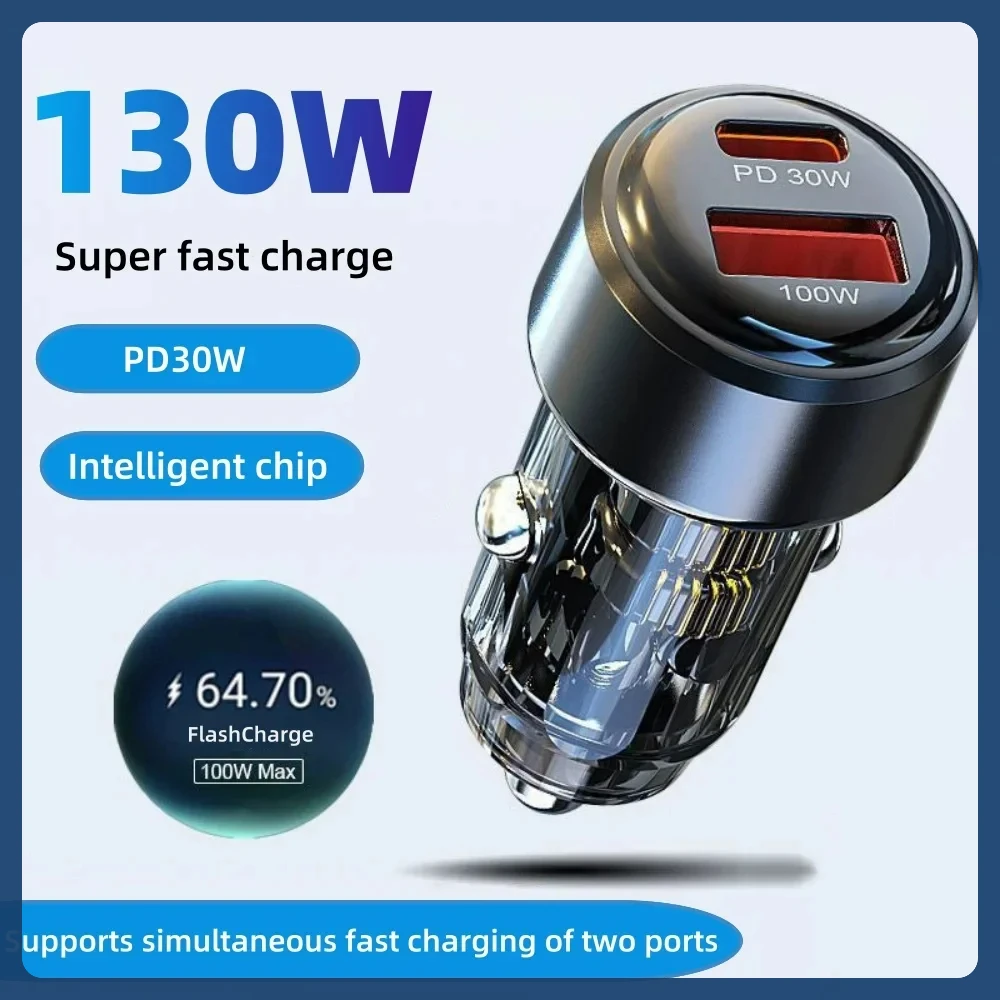 Carregador USB para Carro 130W com Carregamento Rápido Tipo C PD, Adaptador de Carregamento Rápido para Celular no Carro, Adaptador para iPhone, Xiaomi, Huawei, Samsung