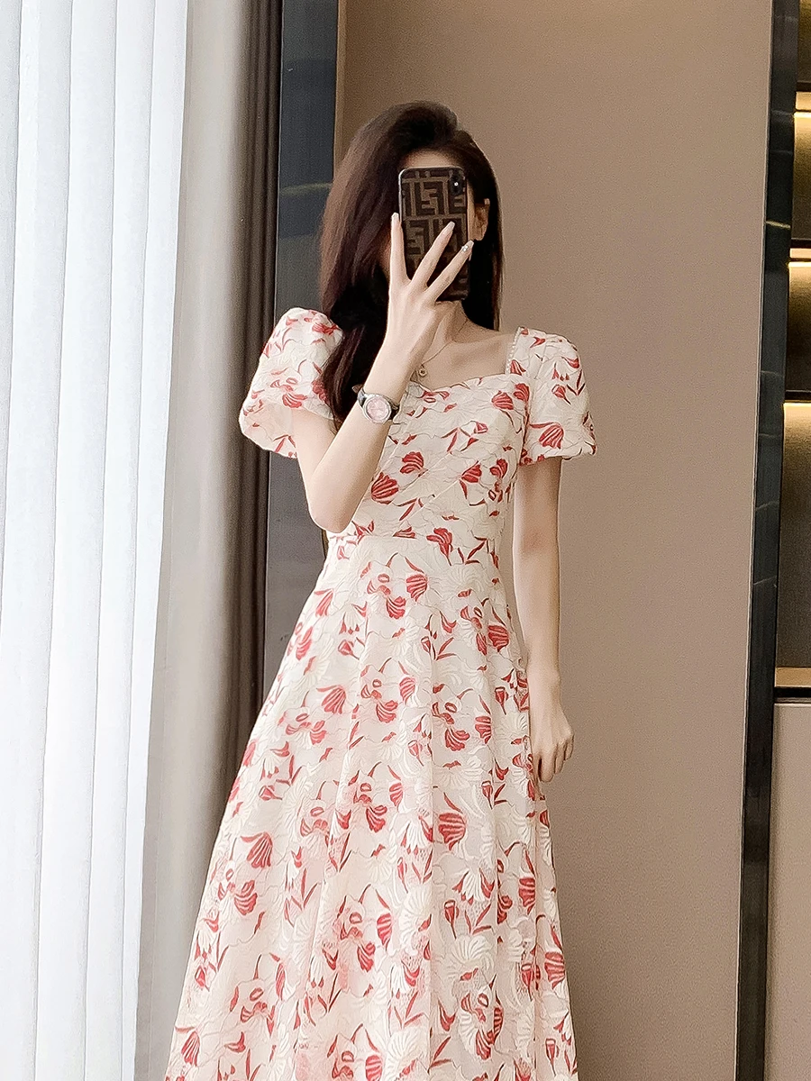 

Elegant Floral Lace Summer Dress for Girls Wedding Guest Short Sleeve High Waist A-Line Skirt Soft Comfortable Breathable Pol...