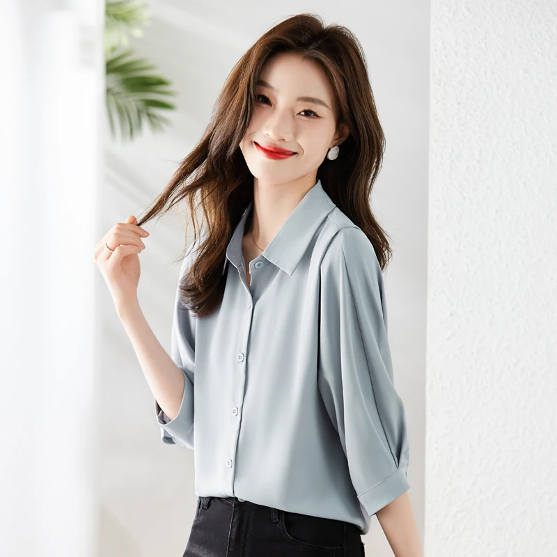 2024 Summer Polo-Neck Womens Tops Solid Button Up Women Shirt Korean Fashion Elegant Blouse Women\'s Clothing White Shirt Women