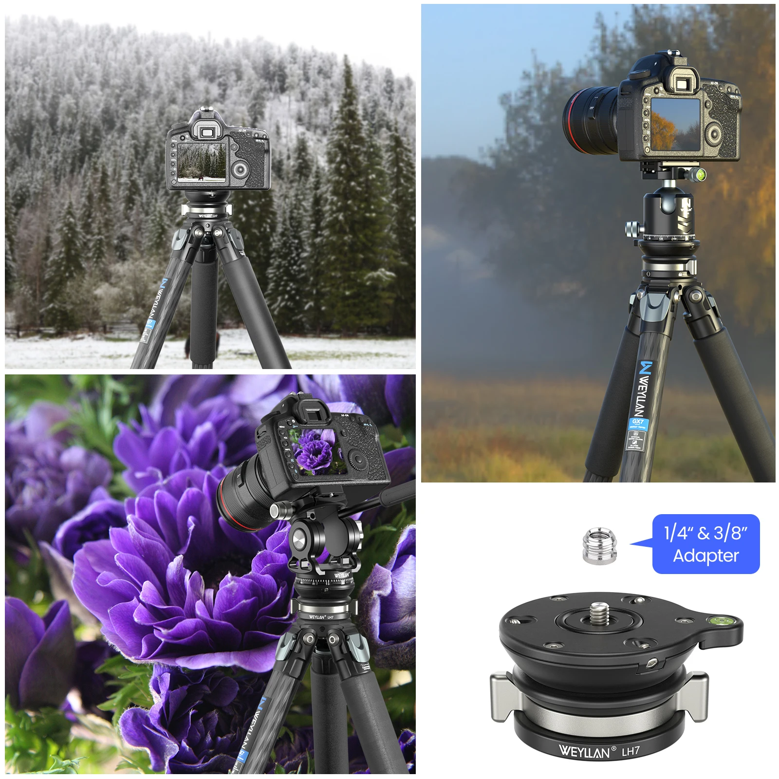 Weyllan LH7 Tripod Leveling Base Upgraded LH6 Twist Knob Tripod Head Base Horizontal Adjustment for Canon Nikon Sony DSLR Camera