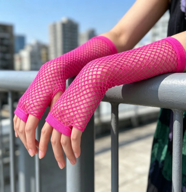 Calentadores de brazo largos sin dedos de malla fucsia, guantes de malla hueca estilo punk hasta el codo para fiestas, actuaciones en escenario y estilo Y2K