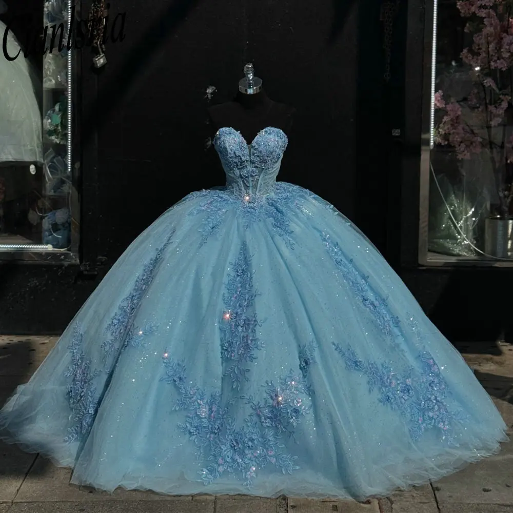 Vestido de baile sem mangas azul claro, Vestidos Quinceanera, Apliques Ilusórios, Beading de Renda, Sweet 16, 15 Anos