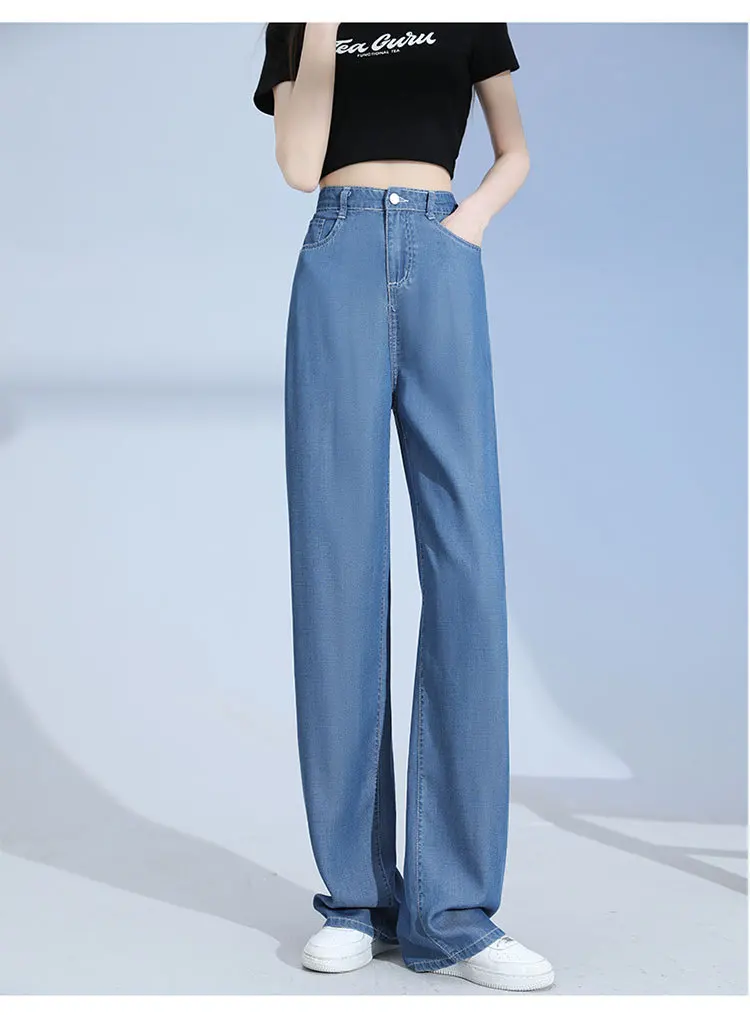 Zomer nieuwe dunne effen kleur semi-elastische taille ontwerp Tencel jeans, en dames losse smalle rechte pijpen ijszijde wijde pijpen jeans