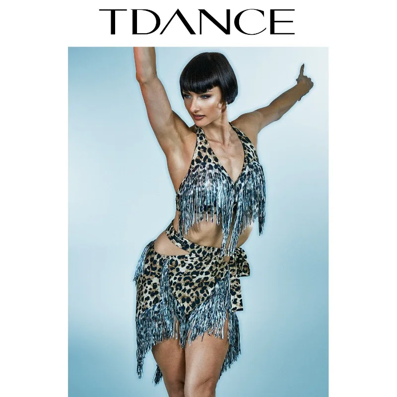 Customized TDANCE Latin Practice Waist Hollow Lace Up Tassel Half Skirt Leopard Print Class Uniform Performance Training GL-147