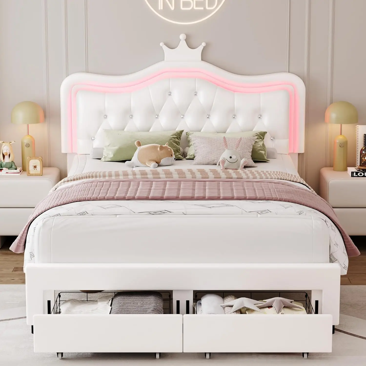 Queen Upholstered LED Bed Frame with Storage Drawer, Leather Princess Platform Bed with Adjustable Crystal Button Tufted Crown