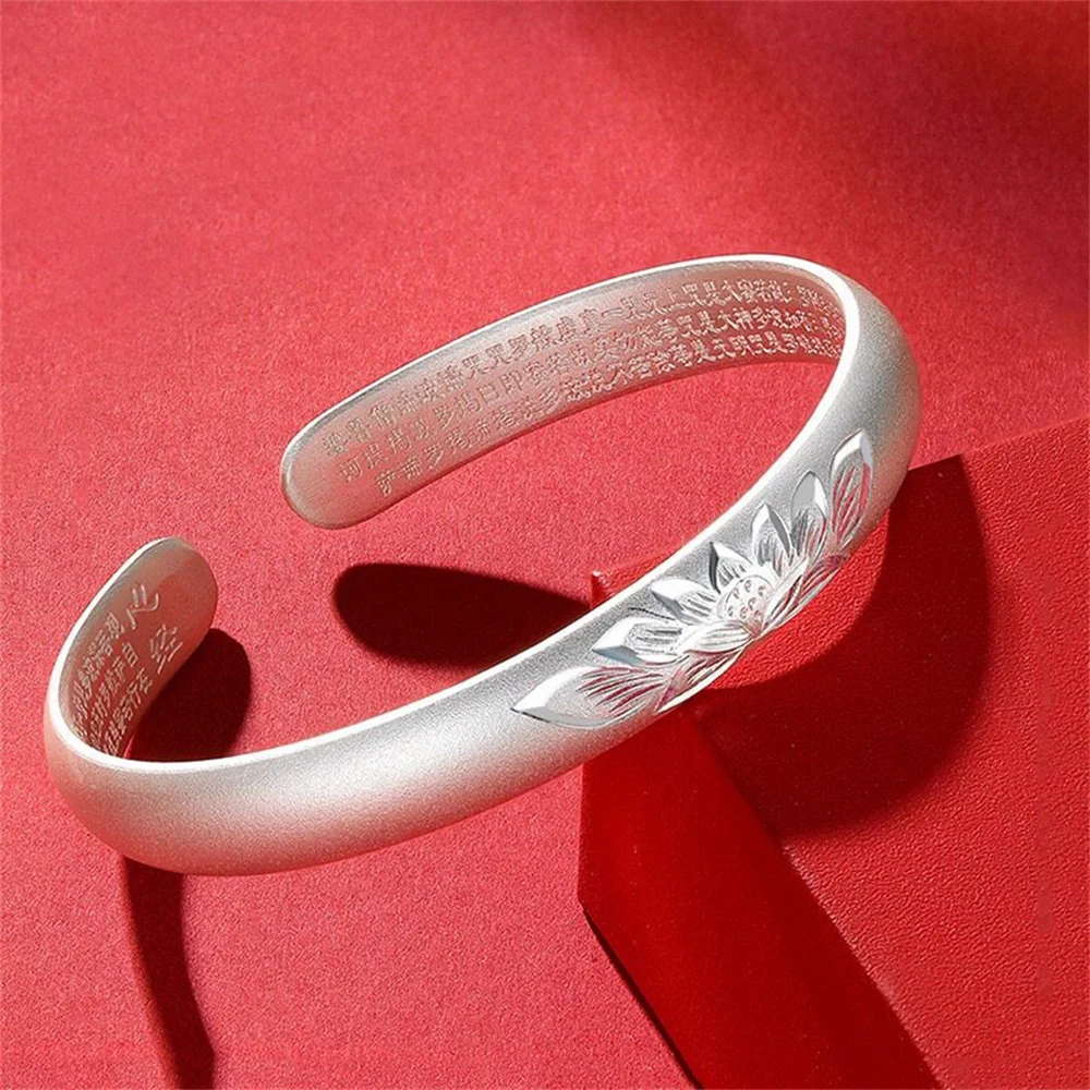 Vintage Zen Lotus Silver Bangle 9999 Pure Solid Silver Open Adjustable Bracelet Inner Full Heart Sutra Ladies Retro Fine Jewelry