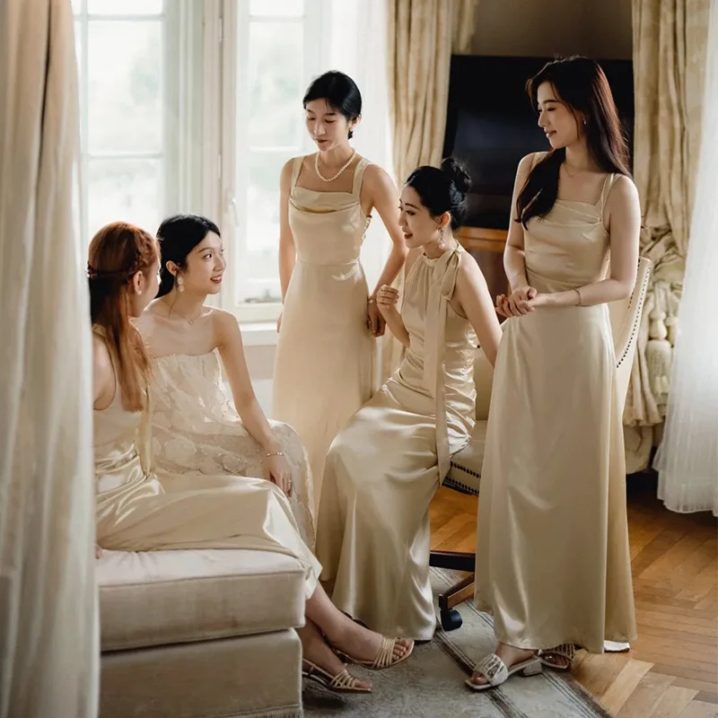 Satin bridesmaid dress female niche high-end champagne sister group graduation dress can be worn at ordinary times