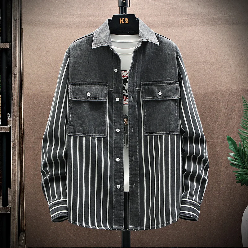 Denim Striped Shirts Men's 2024 Spring Autumn 100% Cotton Jeans Casual Lapel Shirt Coat Slim Single Breasted Top Jacket Clothing