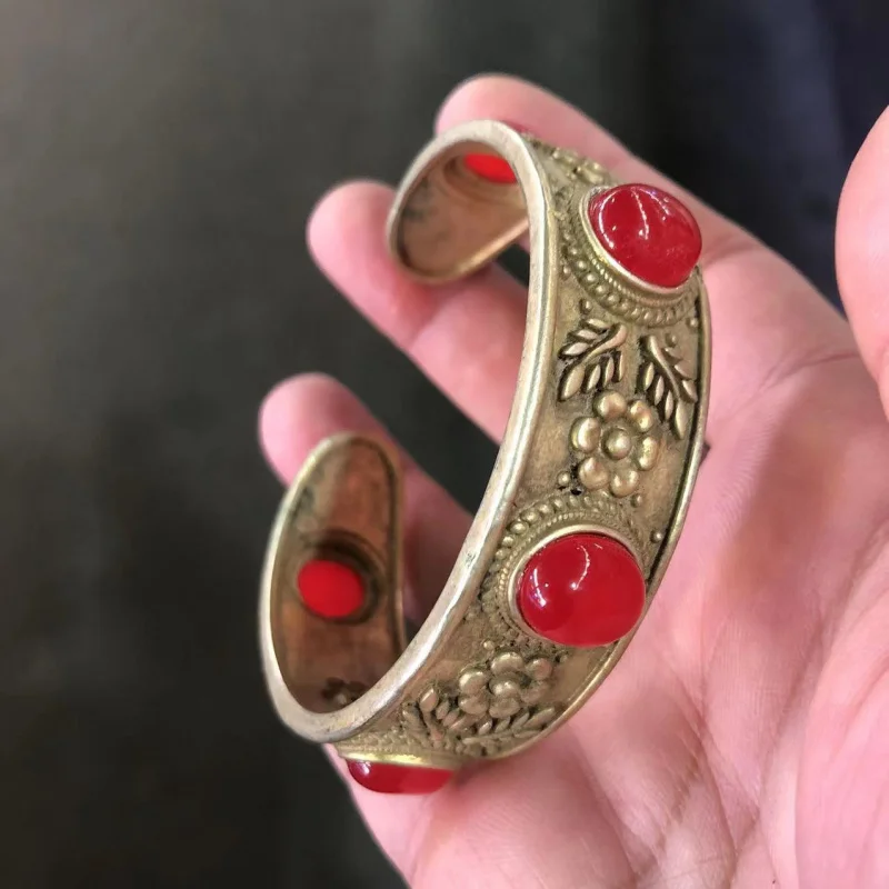 Vintage Tibetan Silver Bracelet Jewelry Inlaid With Gemstones Open Wide Version Ethnic Style
