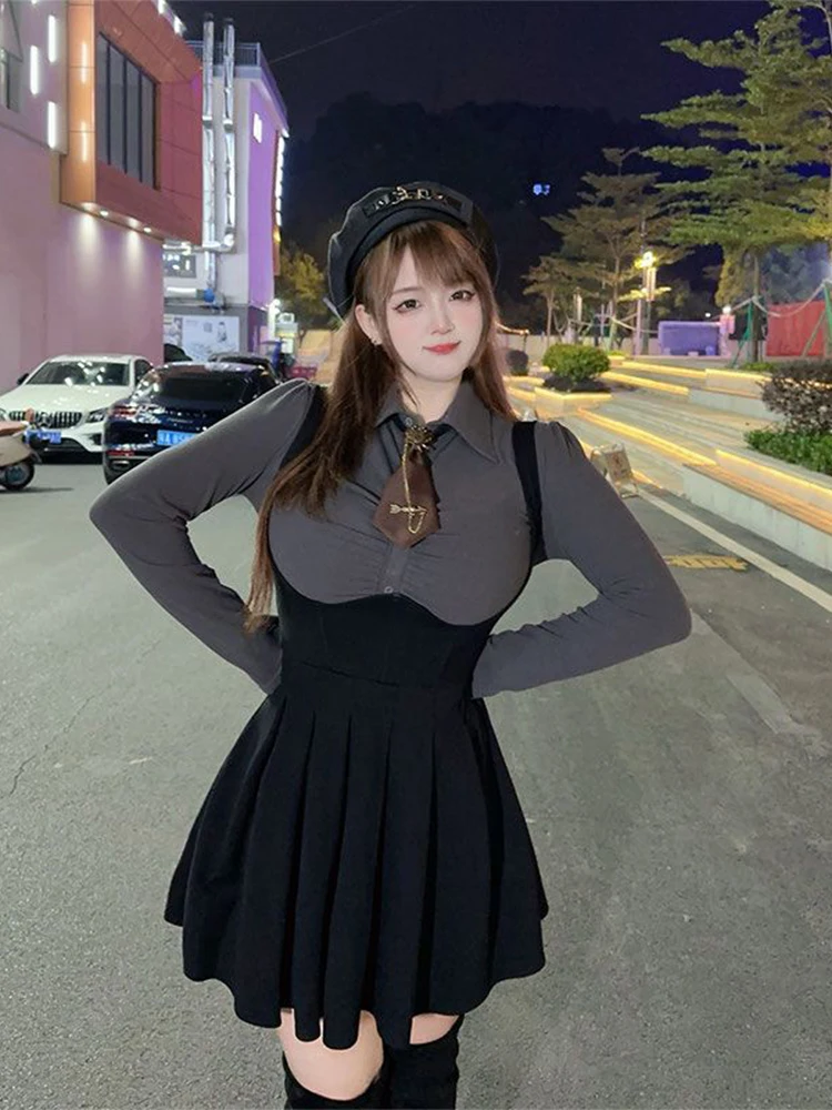 

plus Size Slimming Winter irt And Fibone Skirt Set Thiened Waist-Cinching Long Sve Collar Two-Piece Student Uni...