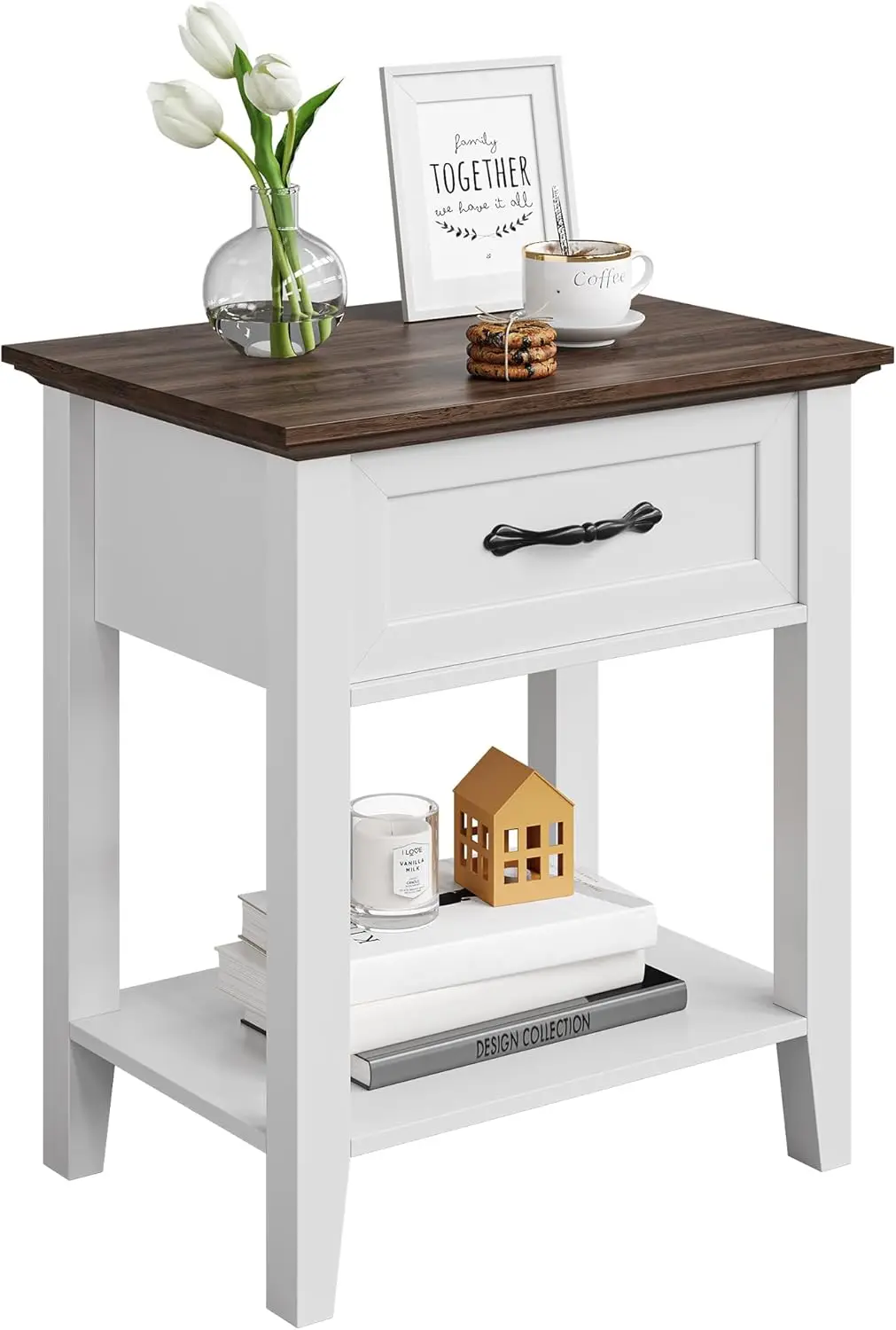 

Nightstand, End Table with Drawer, Side Table for Spaces, 2 Tiers Storage Shelves with Dresser, Bedside Table for Living Room