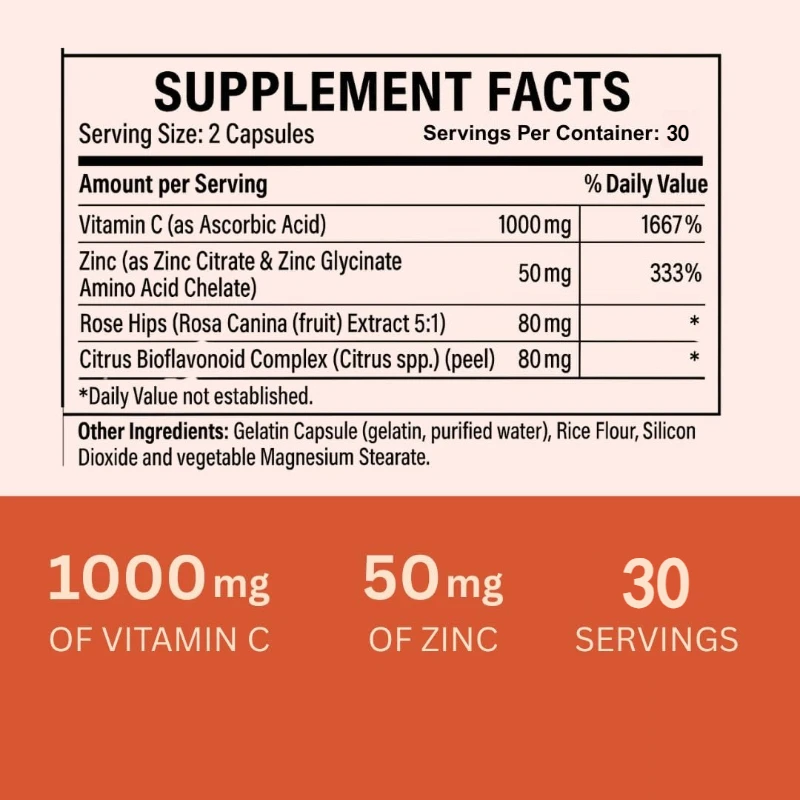 Organic Vitamin C 1000 Mg and Zinc 20 Mg Capsules Support Skin, Immune Health, Antioxidant Supplement - 60 Vegetable Capsules