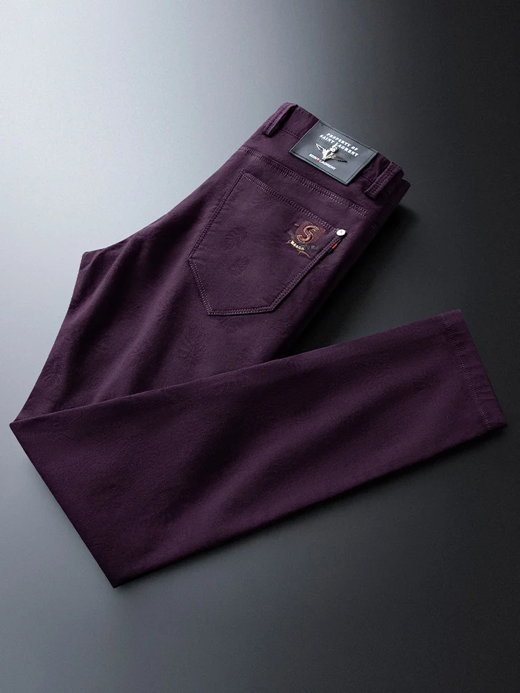 

Purple Casual Pants for Men Autumn Winter Faion Slim Fit Youth Korean Sle k Pattern Embroidery Trendy Trousers