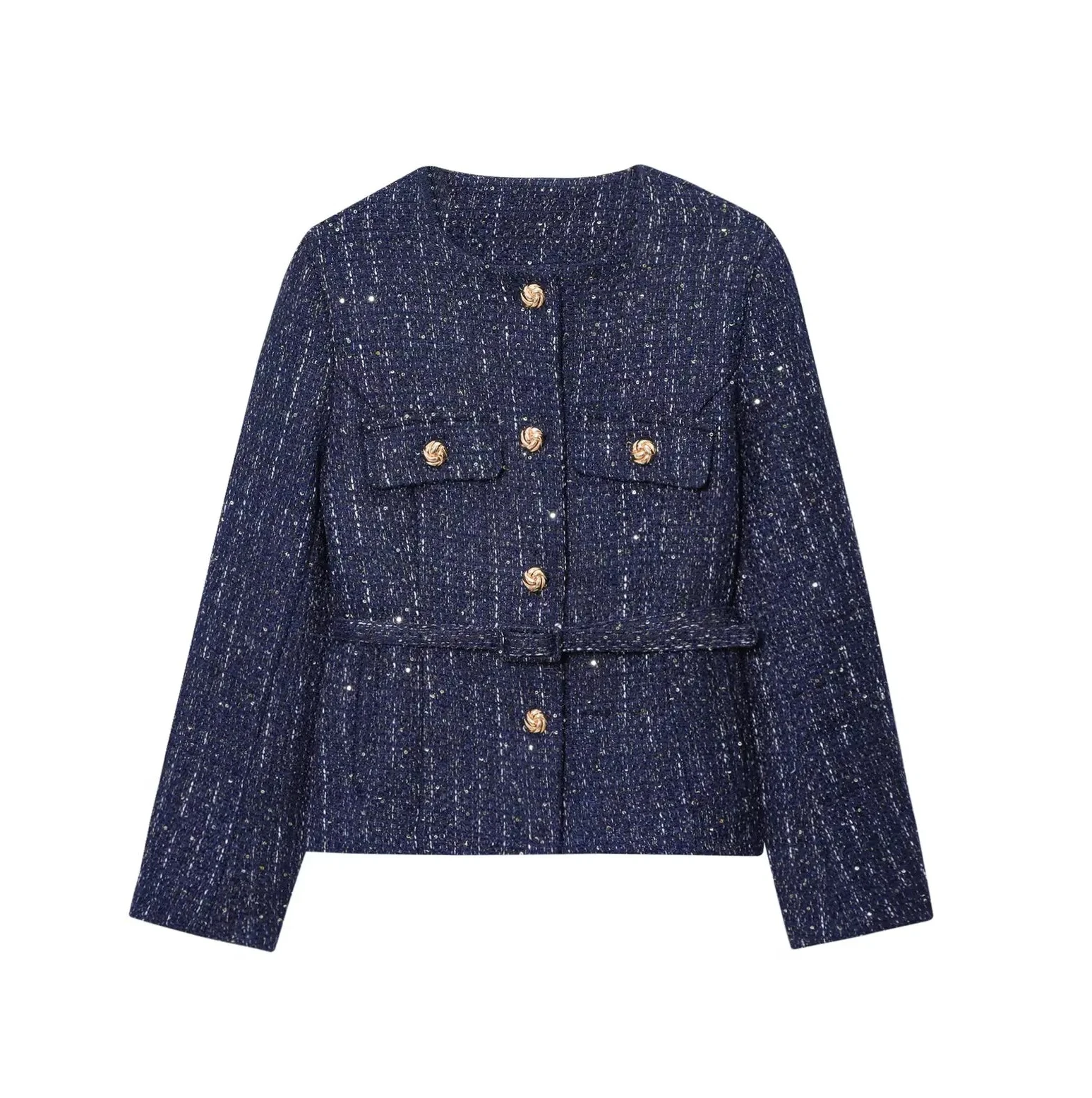 

Autumn New Products Women's Fashion Temperament All-match Gold Button Round Neck Long Sleeve Jacket