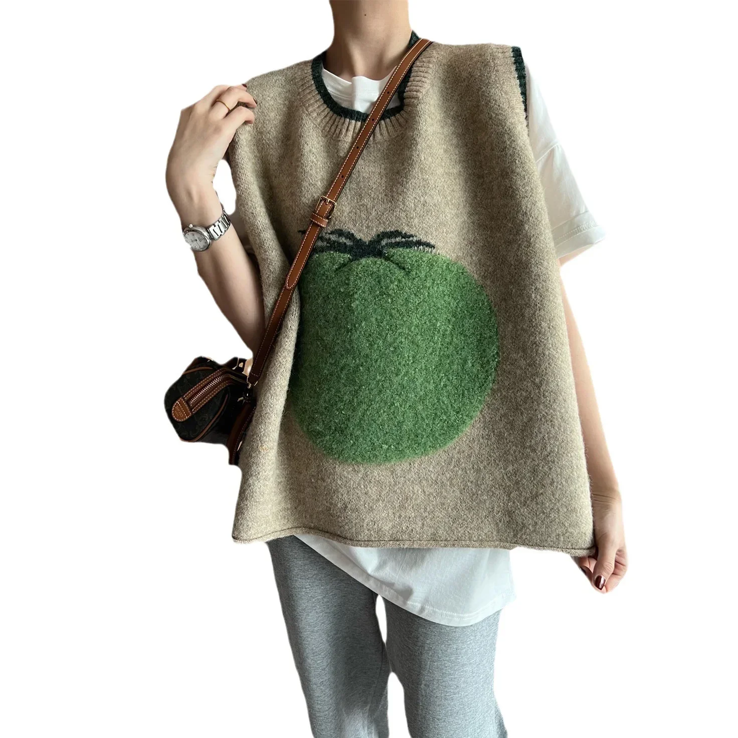 Gaganight Women 3D Jacquard Green Tomato Knitted Sweater Women Spring Autumn New Knitted Versatile Tank Top Fashion Vest