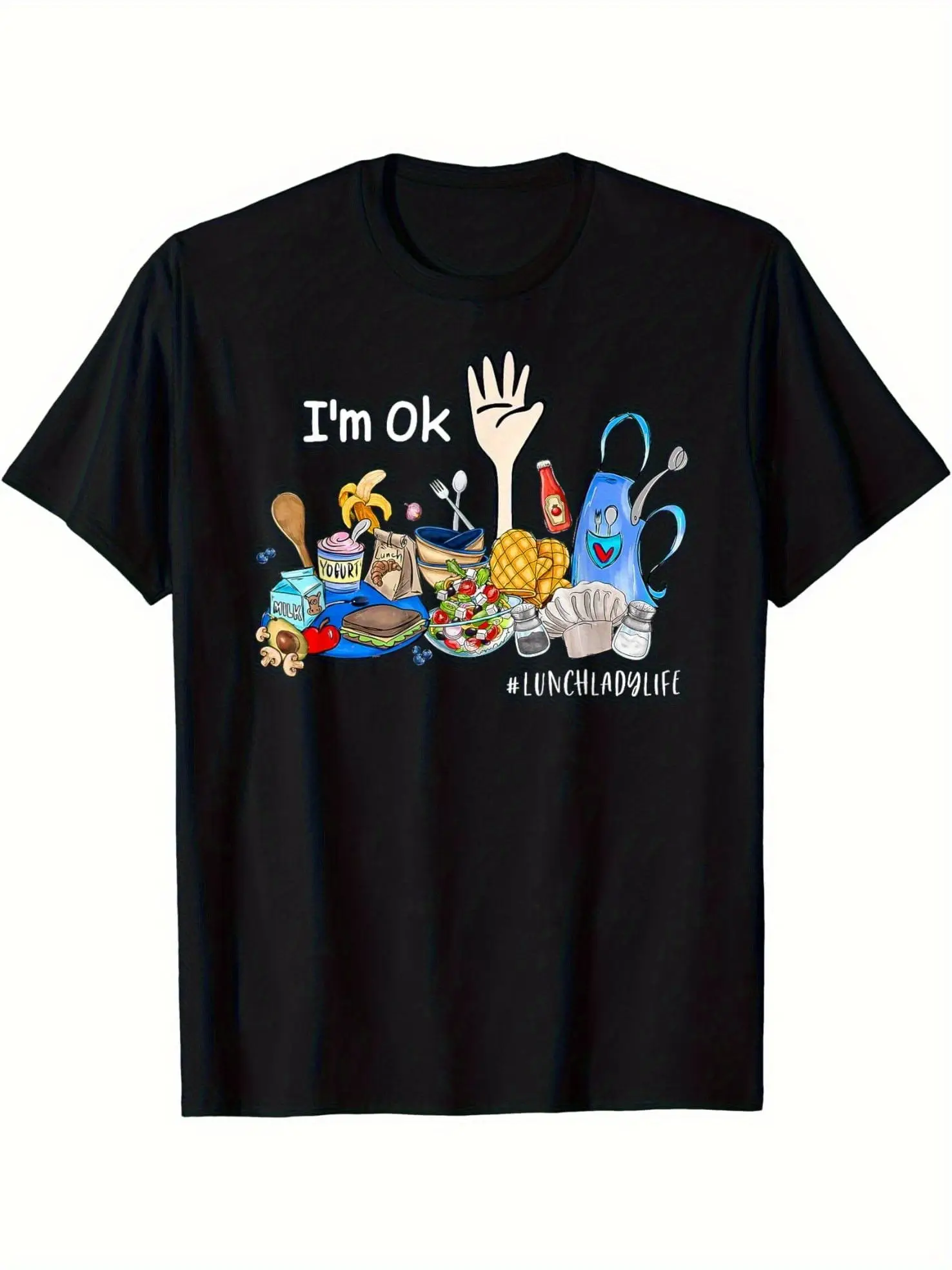

Women's Funny Lunch Lady Graphic T-Shirt Cafeteria Crew & Teacher Apparel with I'M Ok Food Prints (Hot Dogs Pizza Nacho)