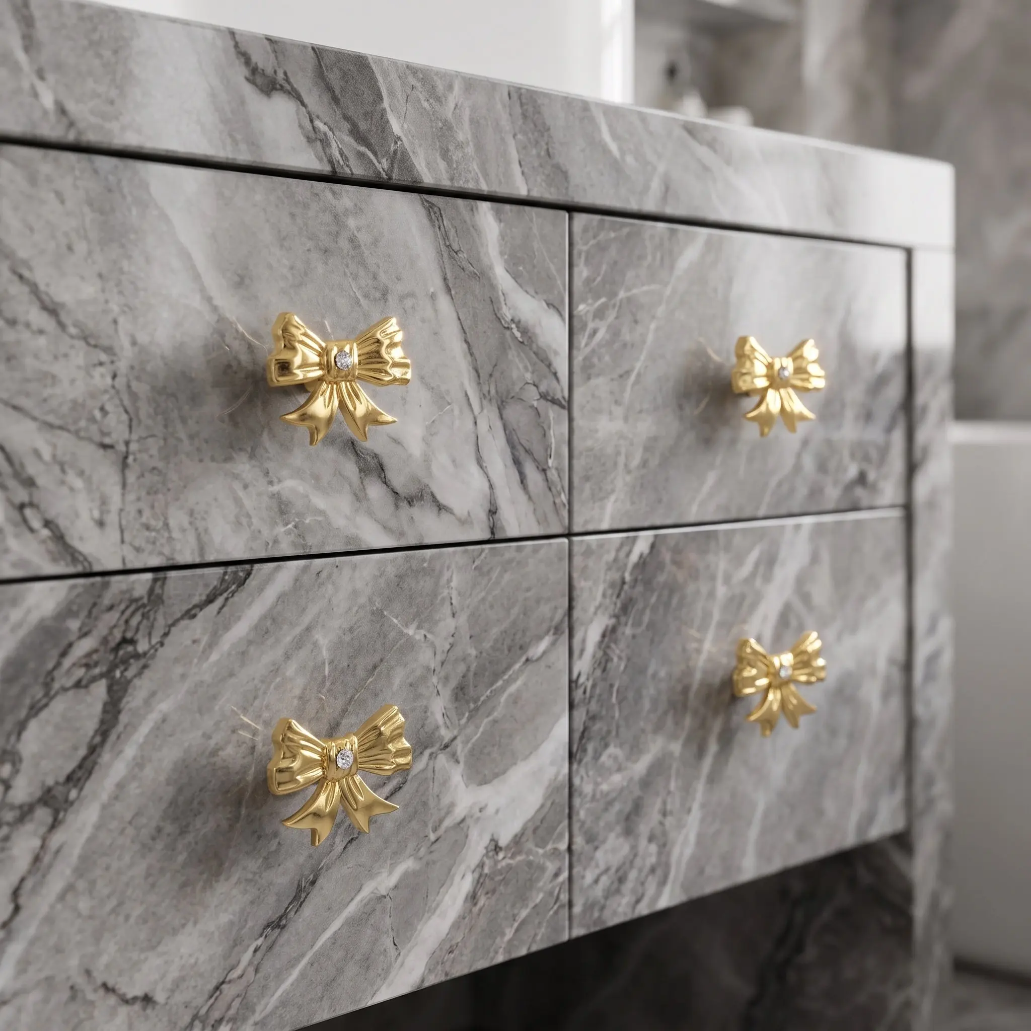 4Pcs Gold Bow Drawer Handles Decorative Bowknot Dresser Knobs Brushed Alloy Single Hole Kitchen Bedroom Cabinet Pulls Rhinestone