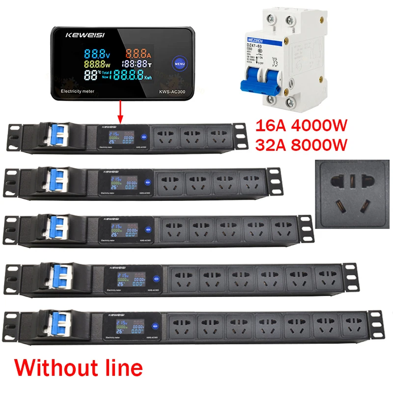 

Network Cabinet Socket 2-7 Ways AU outlet PDU Distribution Unit Digital Display Power Meter 4000/8000W Without Wire strip