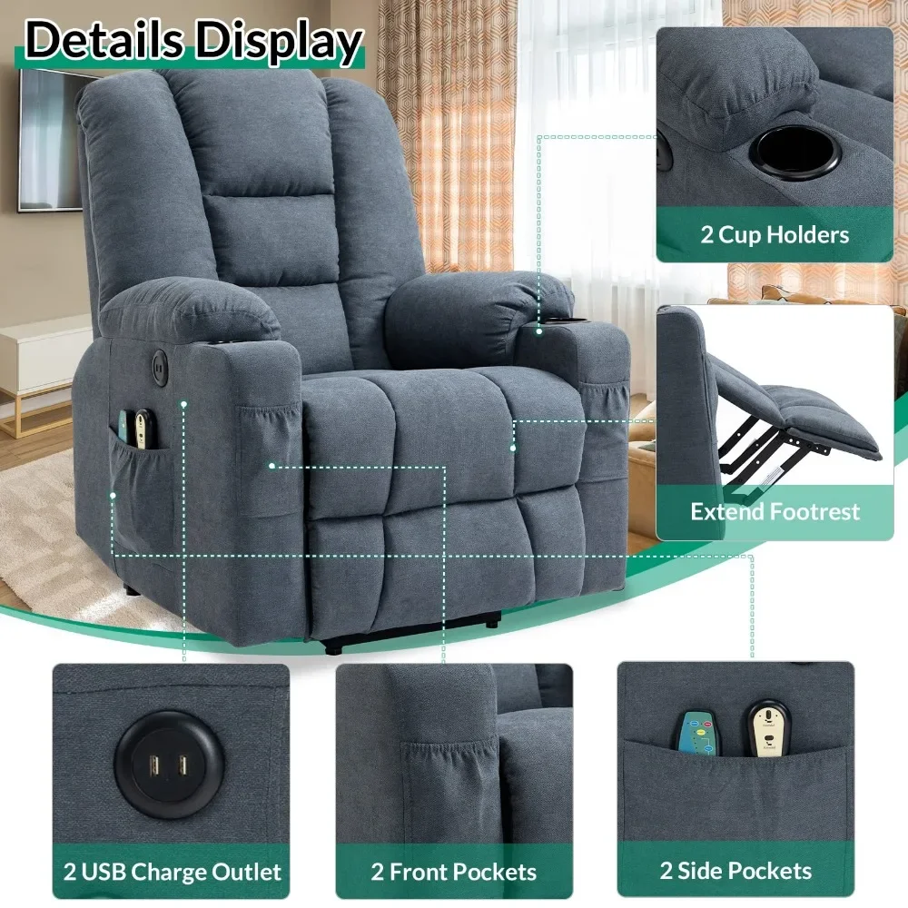 Power Lift Chair Electric Recliner for Elderly, Heated Vibration Soft Fabric Recliner Chair with 2 Remote Controls