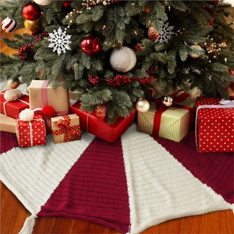 Christmas Decorative Supplies 120cm Red White Geometric Fringe Knitted Christmas Tree Skirt Household Carpet Decor OrnamentZE117