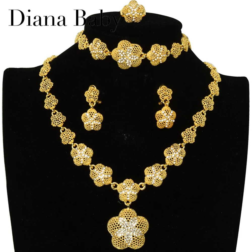 

1 Set Dubai Gold Color Jewelry 18K Gold Plated Flower Shape Necklace Bracelet Ring Earrings For African Wedding Party Gift