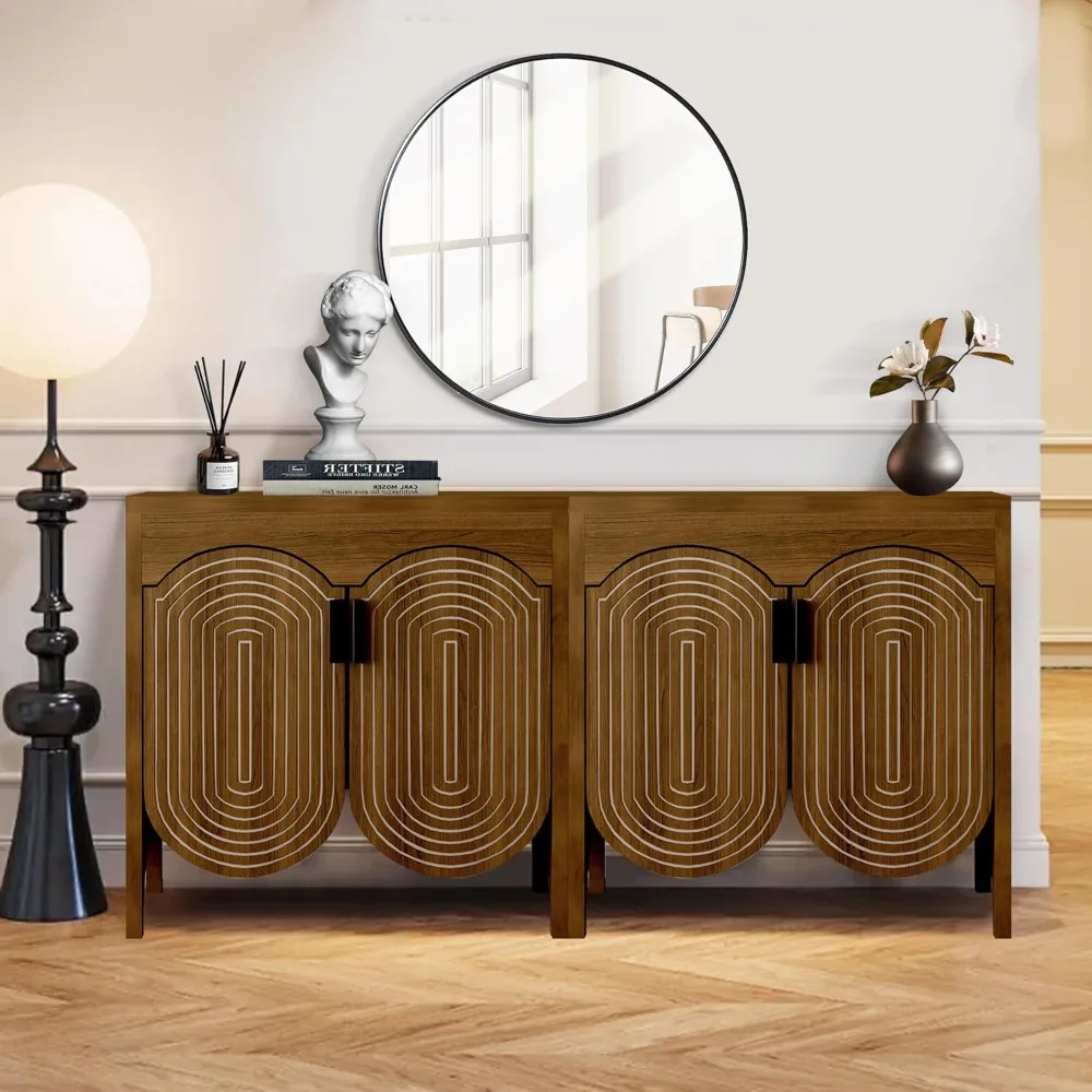 

Fluted Buffet Cabinet with Storage, Sideboard Buffet Cabinet with Curved Door, 4 Doors Storage Cabinet with Adjustable Shelves f