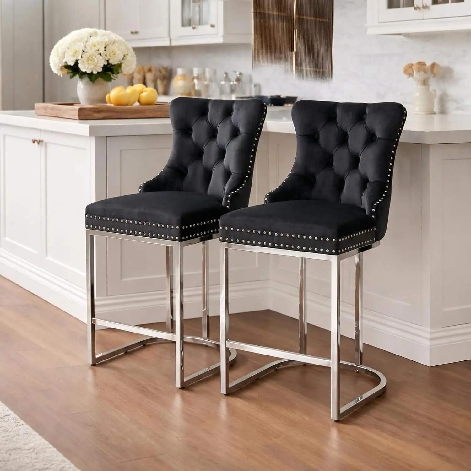 

25" Velvet Counter Height Bar Stools Set of 2, Tufted Upholstered Kitchen Counter Stools with High Back, Nailhead, Customized