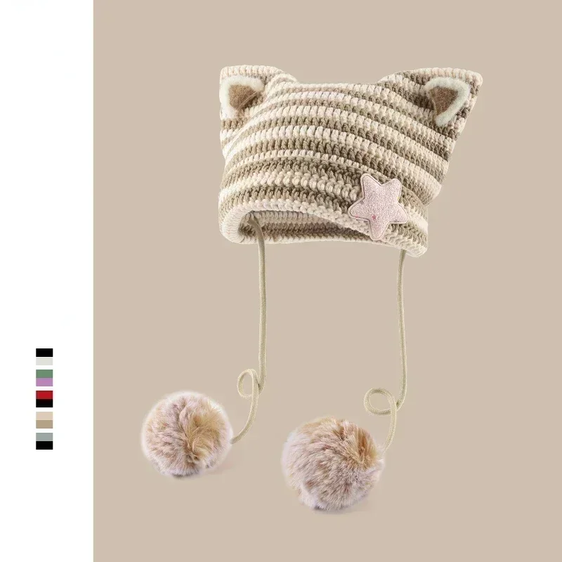 Handmade Y2k Japanese Cat Ear Beanies Rabbit Hair Pom-pom Striped Sweetheart Girl Knit Cap Autumn and Winter Warm Women\'s Hats