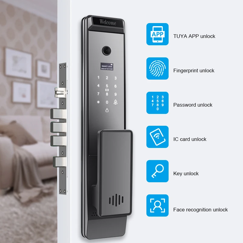 Tuya WiFi Full-Automatic 3D Face & Fingerprint Recognition Smart Lock with Waterproof Outdoor Video Intercom for Aluminum Door