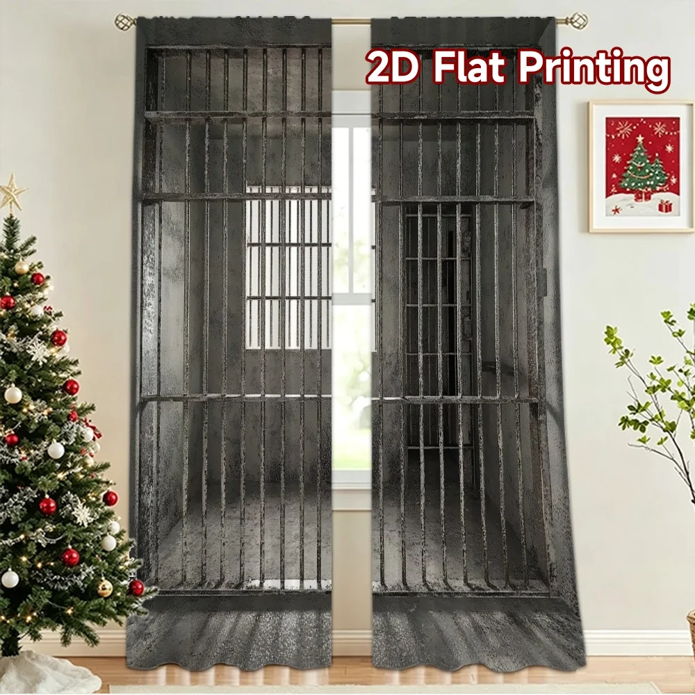 2D flat 2pcs Curtain Country Style Rusty Prison Bars Durable polyester fiber Festive Wall Decor Perfect for Holiday Celebrations