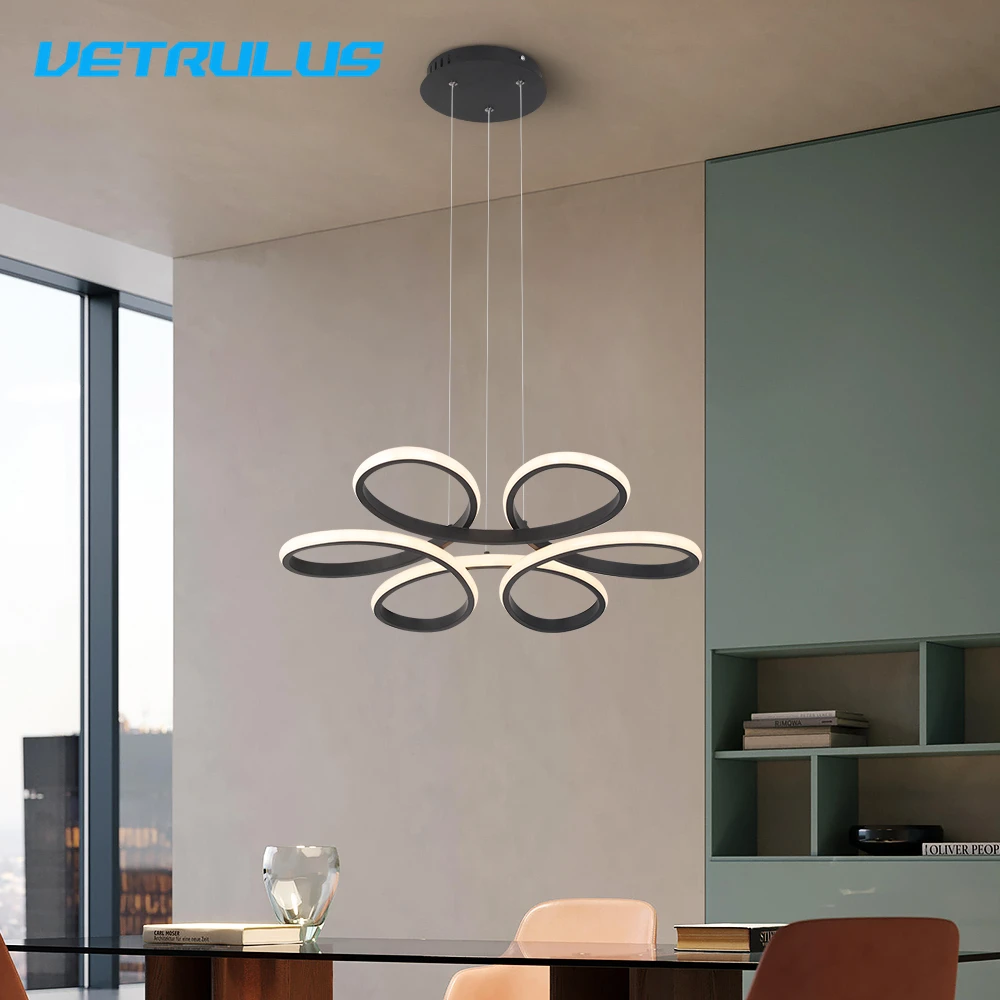 Nordic Acrylic Pendant Light Modern Black Flower Led Ceiling Lamp Kitchen Dining Room Aisle Decor Balcony Hanging Fixture Lumina