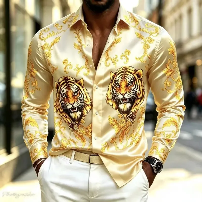 Luxury Baroque Double Tiger Head Print Men's Satin Silk Shirt Long-sleevedcollared, button-front business banquet