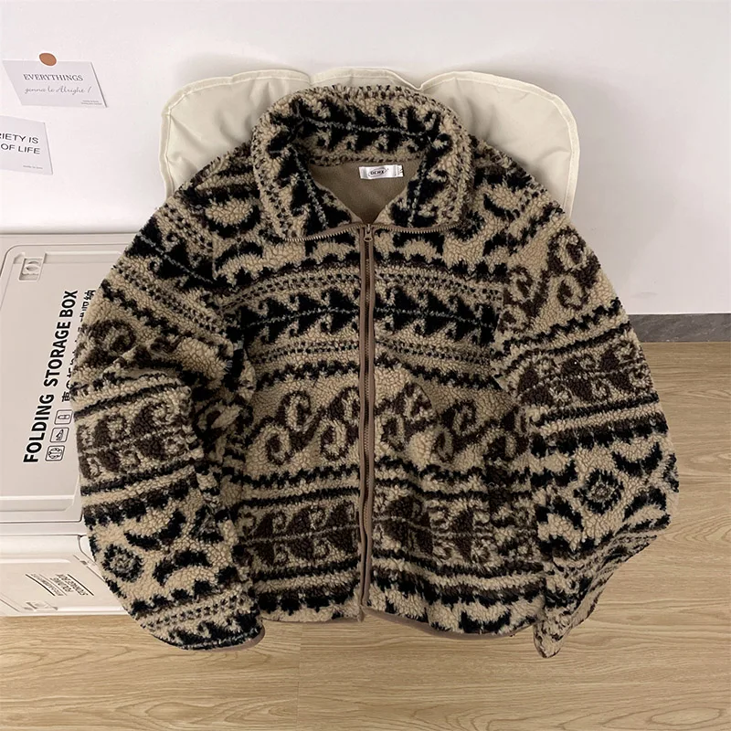 

Thickened American Fair Isle Ethnic Style Jacket Short Casual Stand Collar Zipper Closure Warm Leisure Men Women Coat