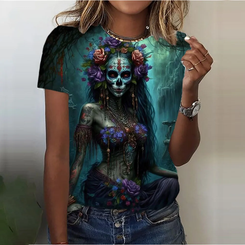 Women\'s T-shirt Funny Tee Shirts Girls Clothes Summer Skull Flowers Fashion Women Short Sleeve Lady Harajuku Tops T-shirts